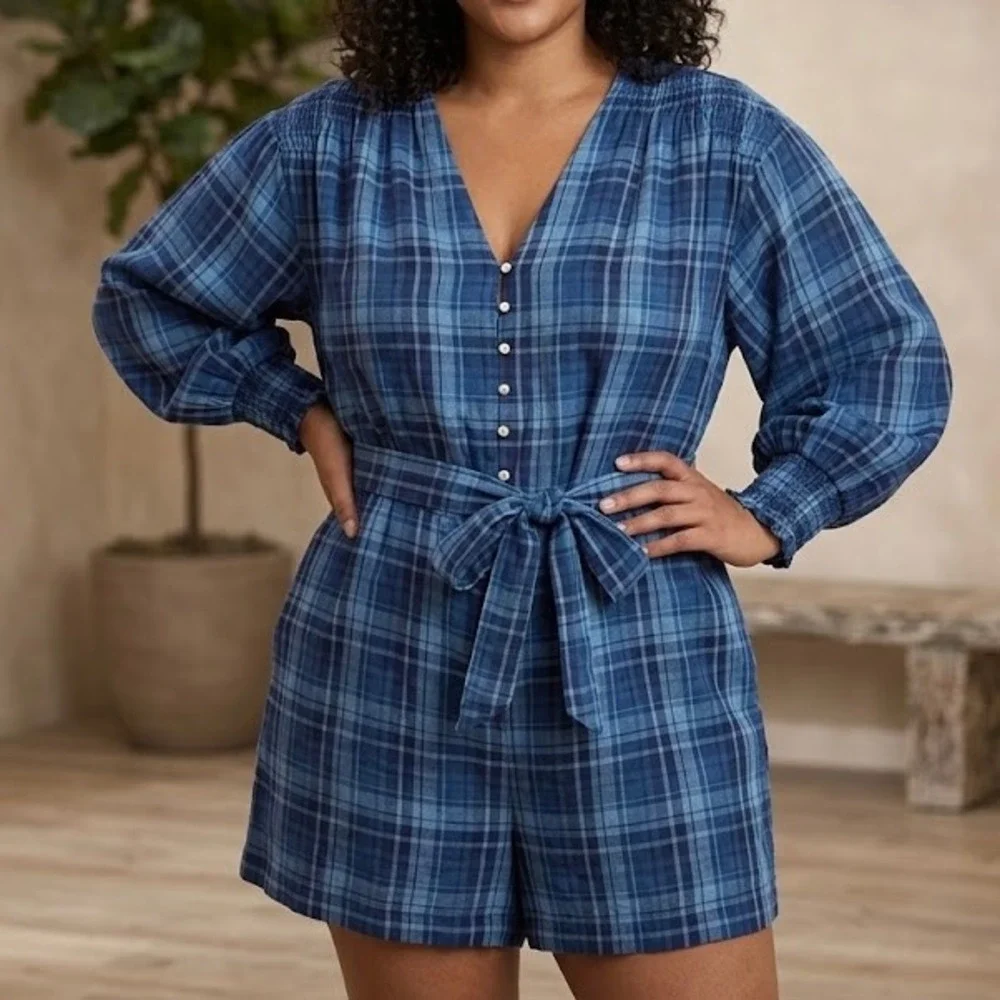 Ralph Lauren Black Label Romper Womens 14 Plaid 100% Linen Boho Cottagecore Boho